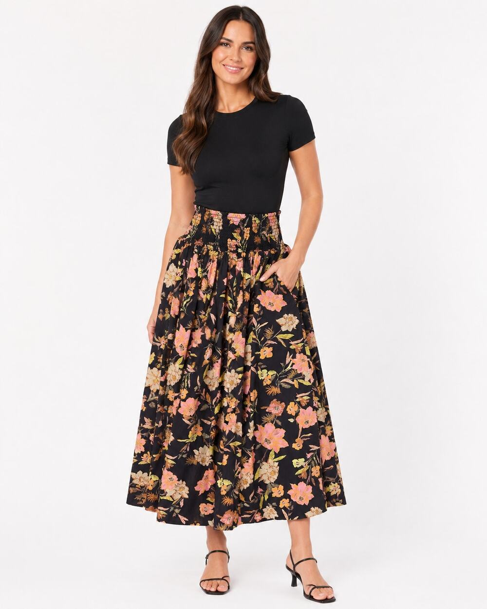 Treasure & Bond Floral Smocked Waist Cotton Maxi Skirt Women S Pockets Coastal